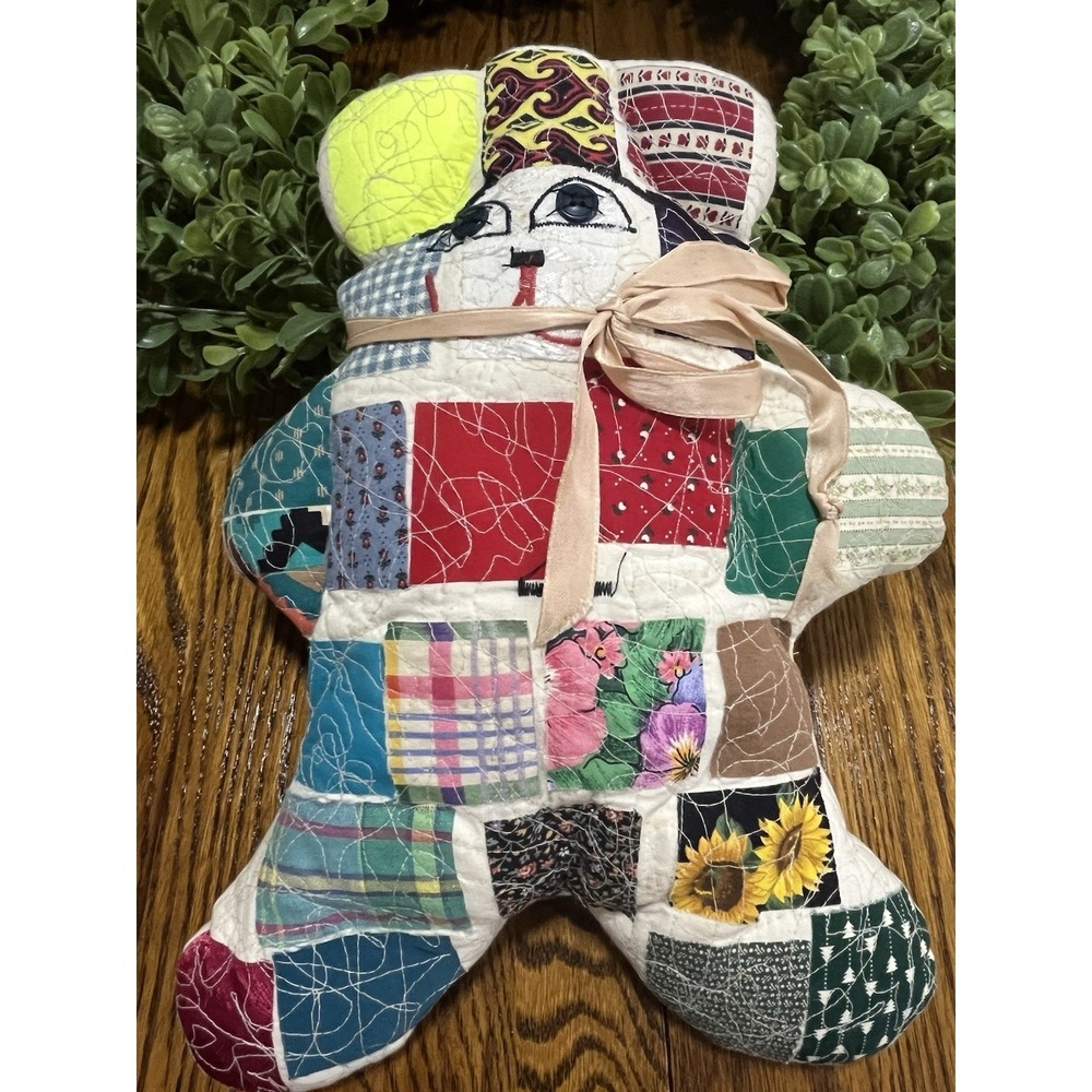 Vintage Handmade Patchwork Quilt Stuffed Teddy Bear Jean Pocket On Back